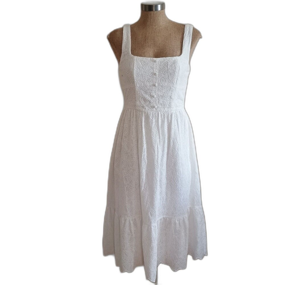BCX Sun Dress Women Sz M White Eyelet Midi Sleeveless Prairie